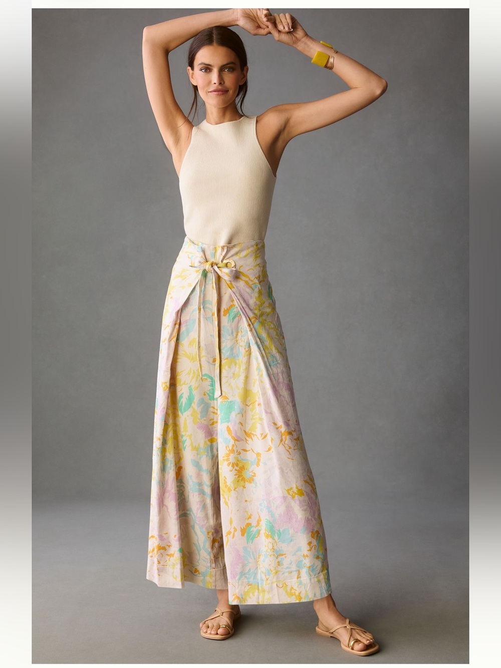 Maeve Anthropologie Lilac Floral Wide-Leg Linen Wrap Pants | Resort Style